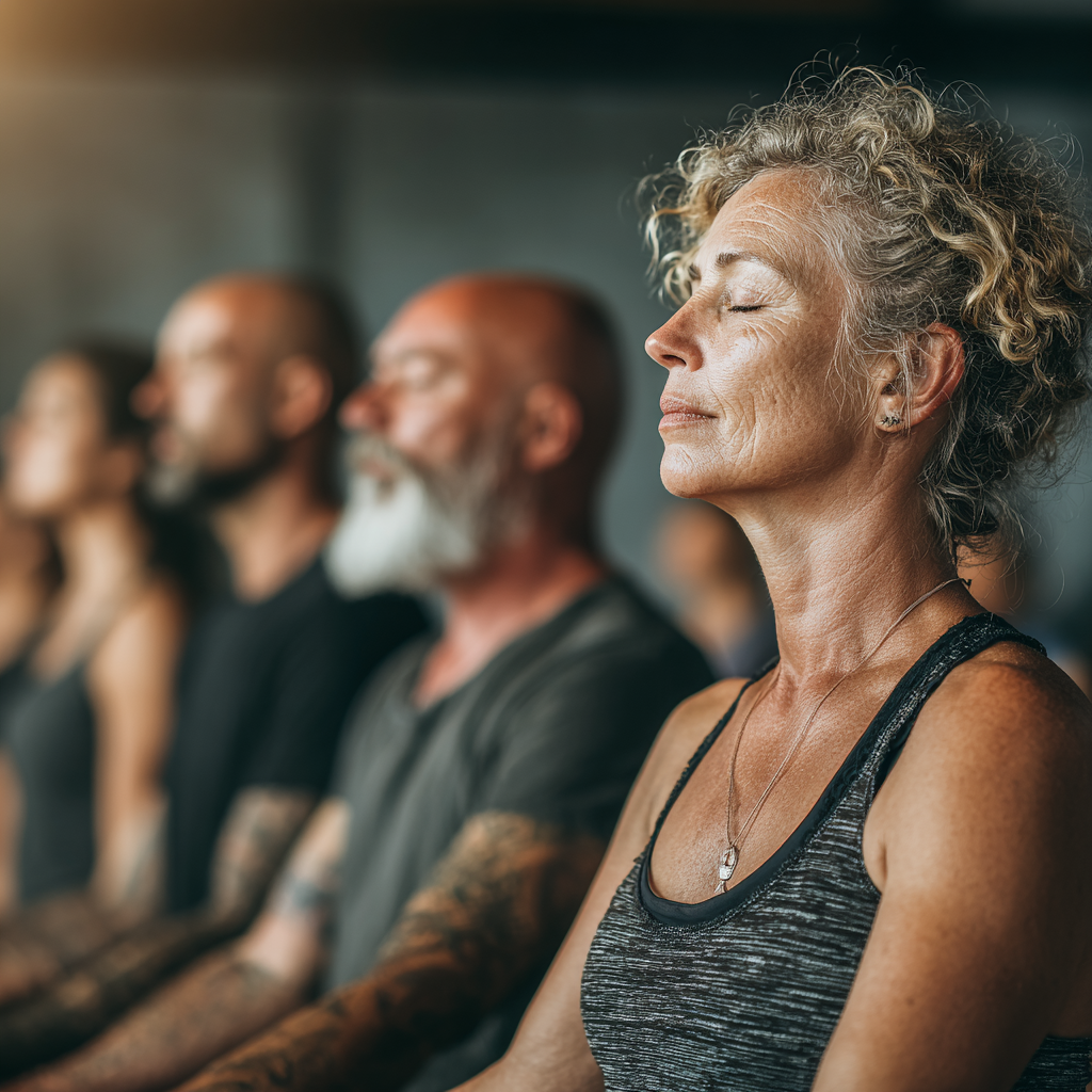 Group of diverse people in their 40s and 50s practicing yoga together in peaceful studio setting with natural lighting and serene atmosphere