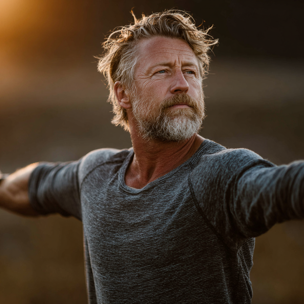 Mature man in his 50s in yoga warrior pose outdoors showing strength and focus with natural lighting and peaceful expression